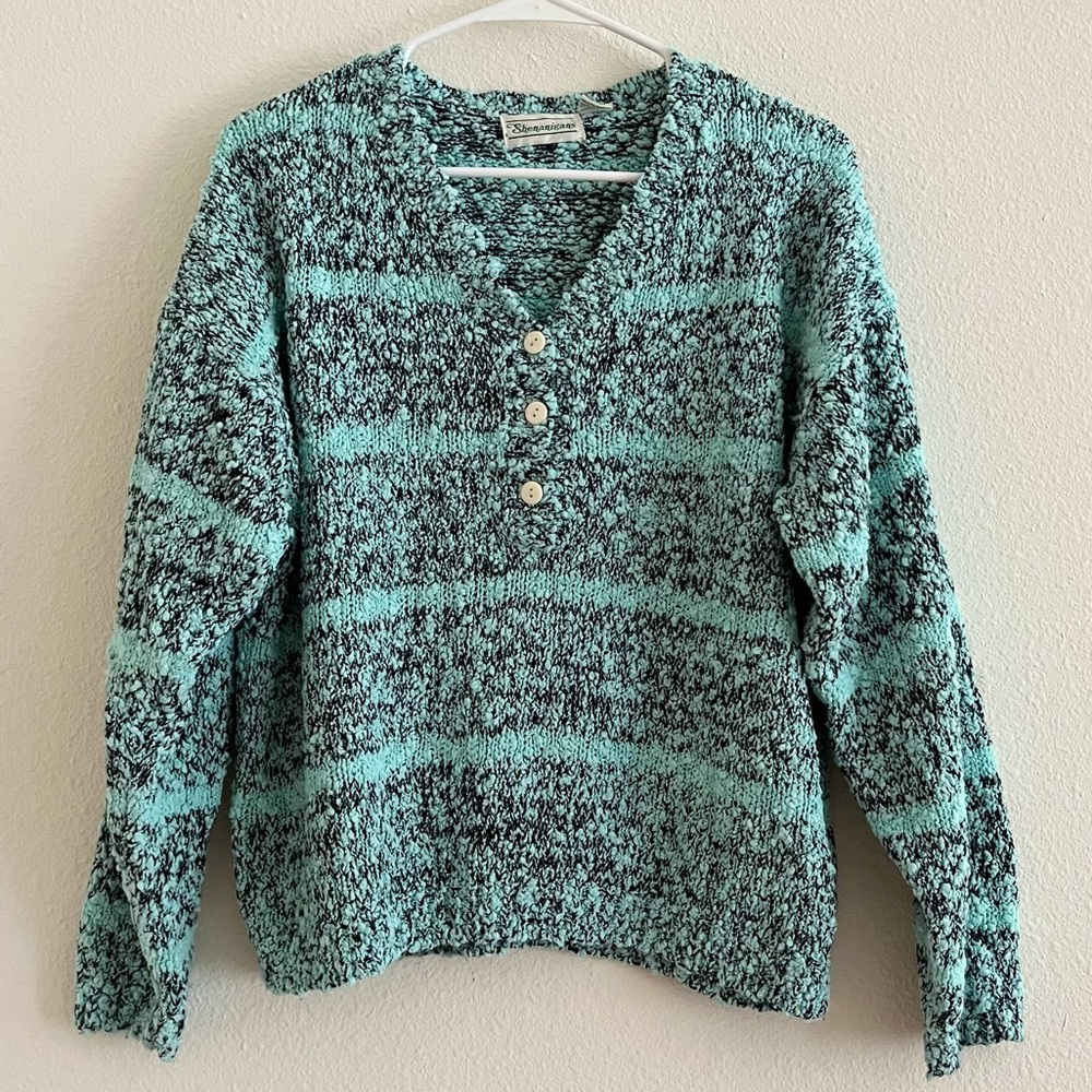 Y2K Vintage Shenanigans Chunky Knit Acrylic Button Turquoise Blue Sweater Medium